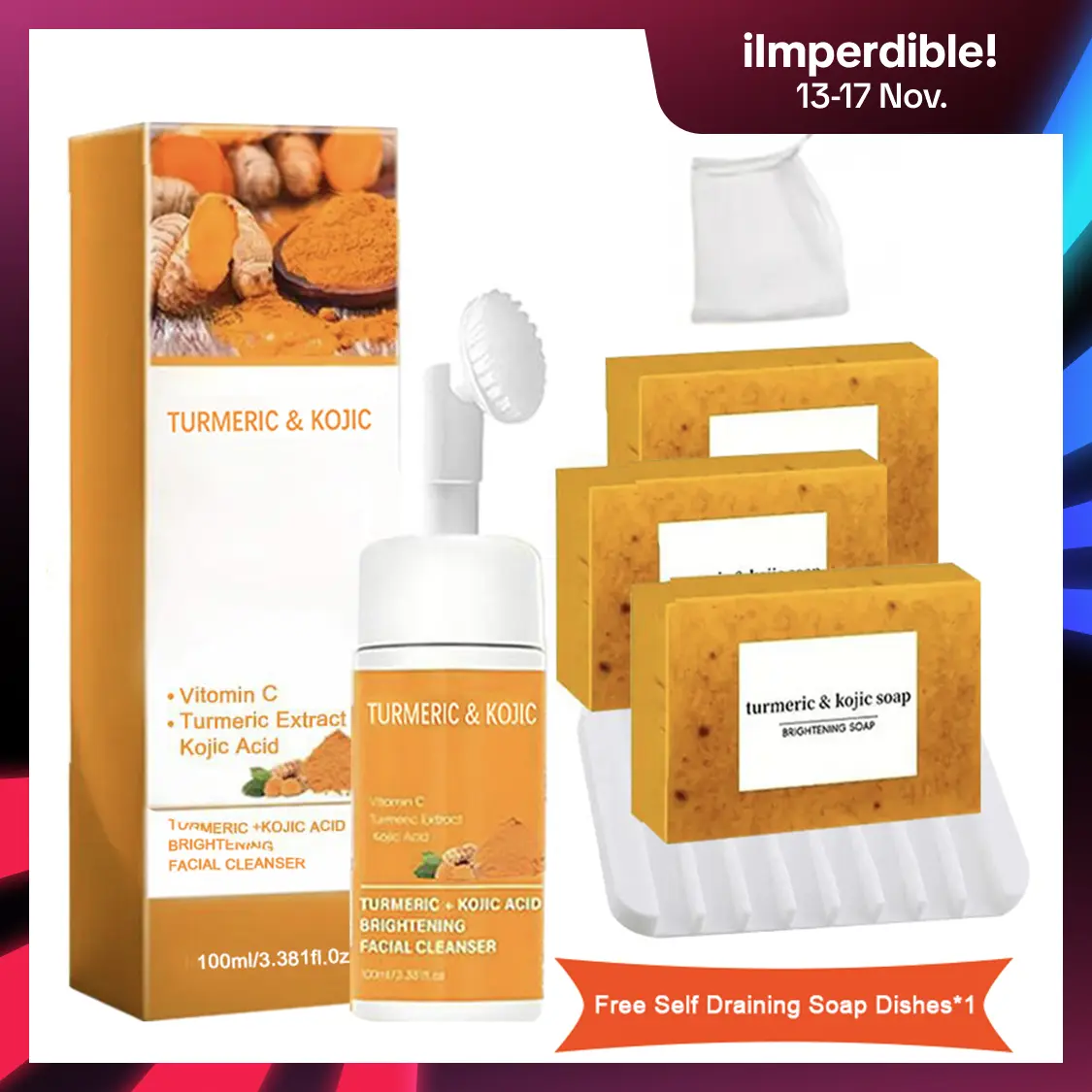 Turmeric Wash and Care three Piece Set, Tumeric Facial Cleanser & Turmeric Soap Combo,soap dish, Cleansing Mousse, Face Wash and Soap Bundle for Face & Body, Deep Cleansing summervibes