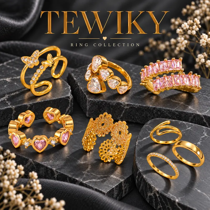 【Tewiky Official】Women's Chunky Gold Statement Wide Vintage Layered Stack Rings Set, Tarnish Proof Non-Tarnish Plated Thumb Jewelry, Everyday Auspicious Gift for Women in Casual Outfits