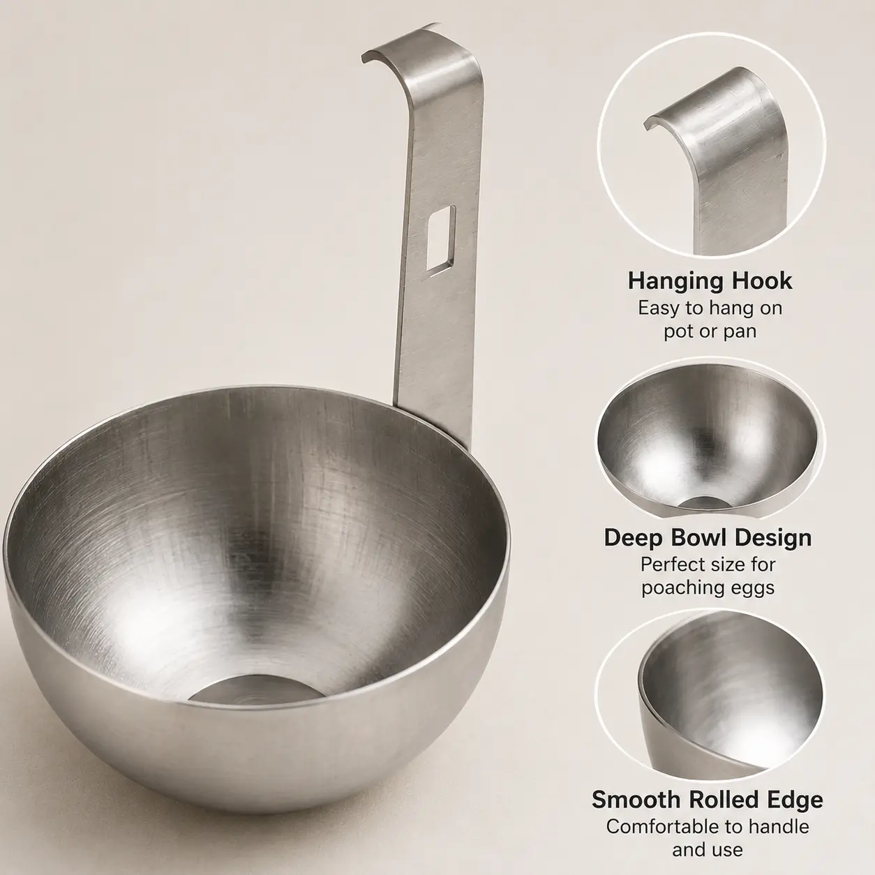 1 Count Stainless Steel Egg Poacher, with Hanging Hook Easy to Clean Design for Making Poached and Steamed Eggs in Home Kitchen