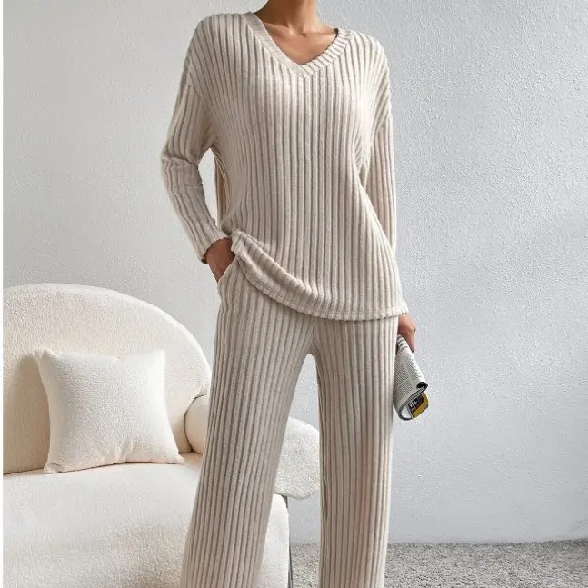 Women's 2-Piece Ribbed Knit Nightwear Set, High-Waisted Wide Leg, Smooth Soft Comfy Long-Sleeve Postpartum Lounge Pajamas for Fall 2025