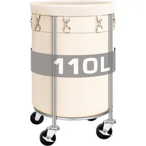 Laundry Hamper with Wheels, Rolling Laundry Basket, Round Laundry Sorter Cart with Steel Frame and Removable Bag, 4 Casters and 2 Brakes, Ideal for Bedroom, Bathroom, Laundry Room, Beige