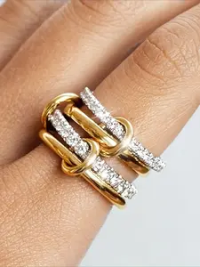 1pc Interlocking Link Design Ring, Golden Plated Paved Zircon Statement Ring, Stackable Layered Geometric Ring, Minimalist Aesthetic Jewelry for Women