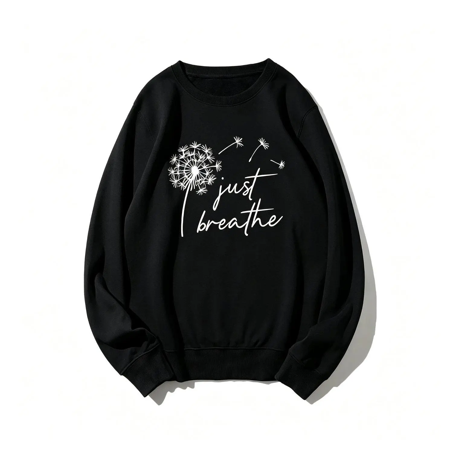 Just Breathe Dandelion Crew Neck Sweatshirt Inspirational Graphic Pullover Long Sleeve Casual Cozy Fall Outfit Fashion Trendy Tops Streetwear