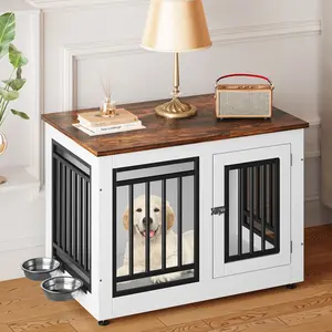 DWVO Dog Crate Furniture, Wooden Dog Crate End Table for Small Dogs up to 30 lbs,Indoor Double Door Dog Crate with Adjustable Feet and Removable Bowls