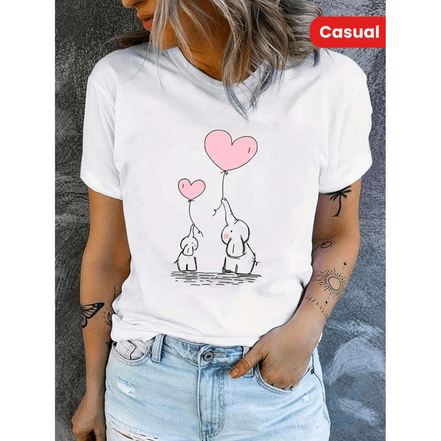 Golf Gift T-Shirt For Men And Women Elegant Heart And Elephant Print Crew Neck Tee For Women Spring Summer Casual Short Sleeve Top