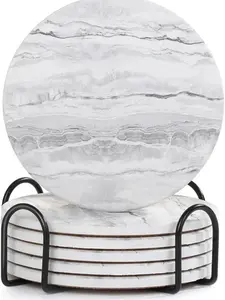 6-Pack Absorbent Ceramic Drink Coasters with Holder, Marble Style, 4-Inch, Ideal for Wooden Tables, Coffee Cups, and Home Décor. Metal Set Tableware