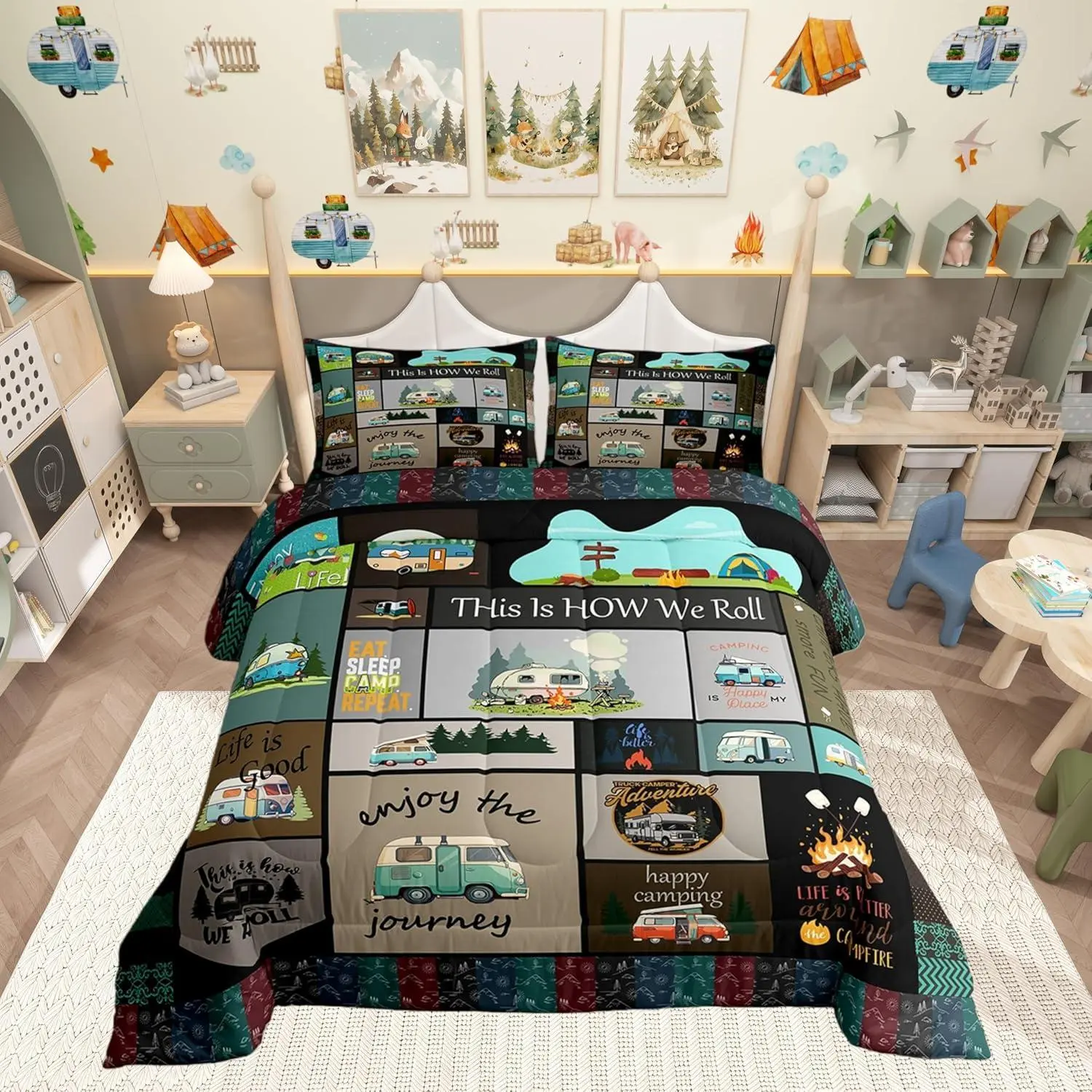 Camper Theme Comforter Set Happy Camping Bedding Set Women Adults Cartoon Cars Comforter Travel Car Grid Quilted Duvet Set Bedroom Collection