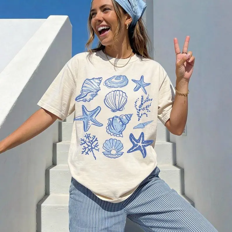 Seashell Beach Shirt, Womens Summer Shirt, Ocean Lover Gift, Sea Shell Tshirt, Cute Vacation Shirt, Travel Tee