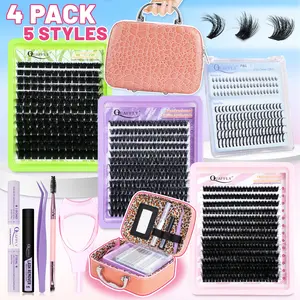 QUAFFLY DIY Lash Extension Kit Includes Spike and Bottom Lash 712pcs Individual Lashes Eyelash Extension Kit with Lash Bond and Seal Remover Tweezer Mascara Shield Dual-Ended Brush for DIY At Home Eyelash Extension Tweezers