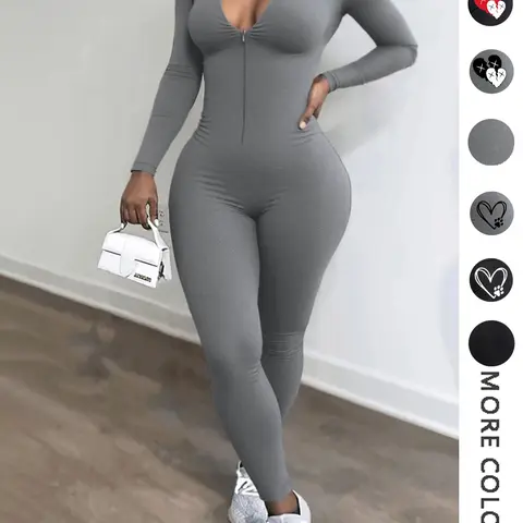 Women's Plain Solid Tight-Fit Zipper Jumpsuit, Long Sleeve Casual Romper, Spring & Fall Fashion, Comfortable One-Piece Womenswear, Stretchy Tight, Jumpsuit Fall Outfit