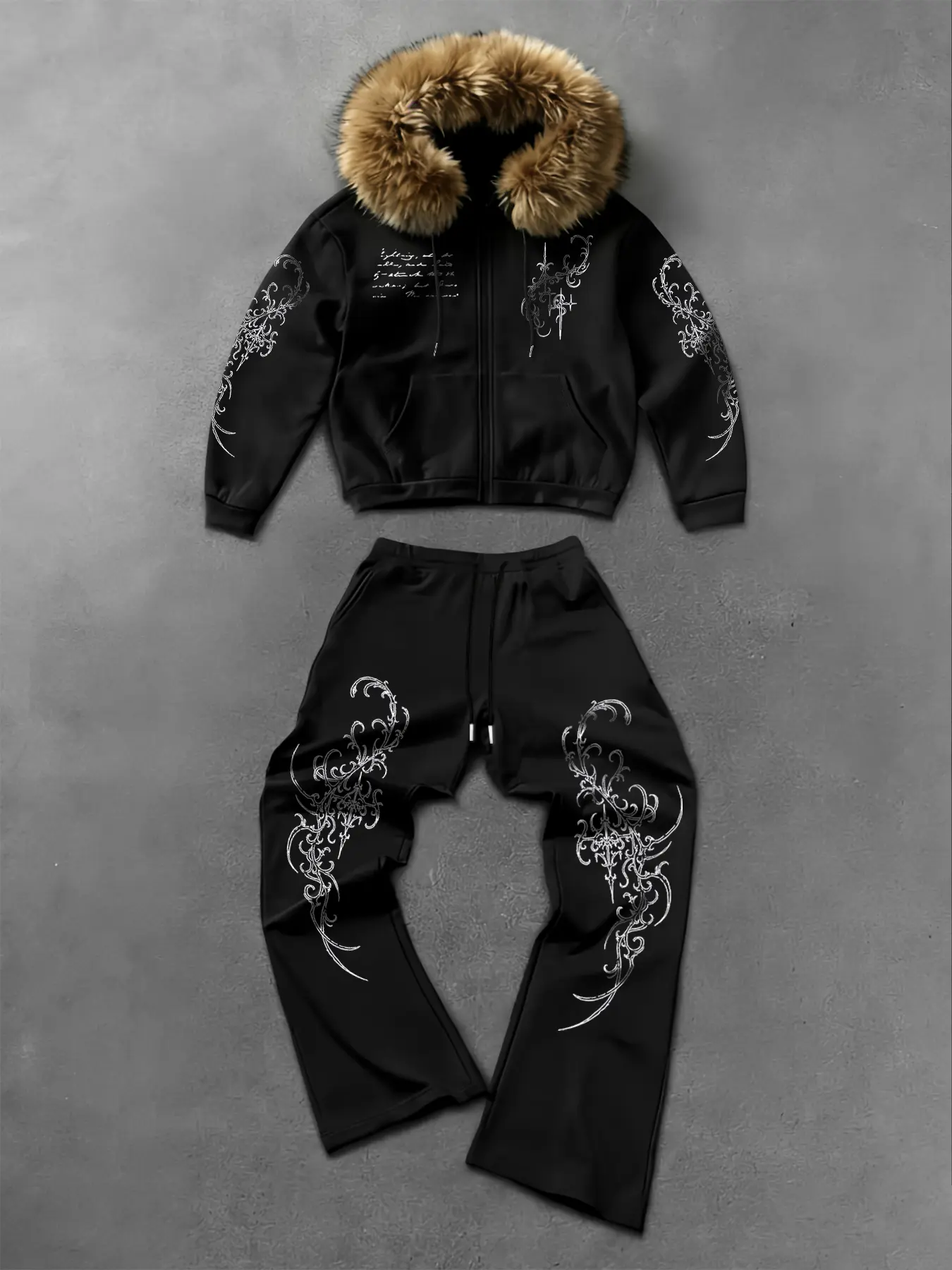 Men's Fall Winter Dark Print Fleece Jacket Set, Thick Plush Material, Stylish and Warm, High-End Casual Fashion for Trendsetters