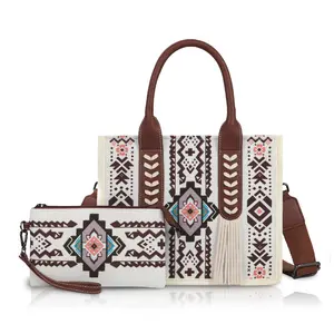 2PCS Western Purse Set for Women, Large Capacity Tote Handbag and Crossbody Bag with Tassel Design, Retro Ethnic Shoulder Bags for Travel and Work
