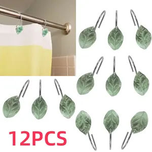12PCS Leaves Shower Curtain Hooks, Decorative Shower Curtain Hooks, Green Plant Leaf Shower Hooks Rust Proof Stainless Steel Shower Curtain Hooks for Bathroom Gift Hanging Flower