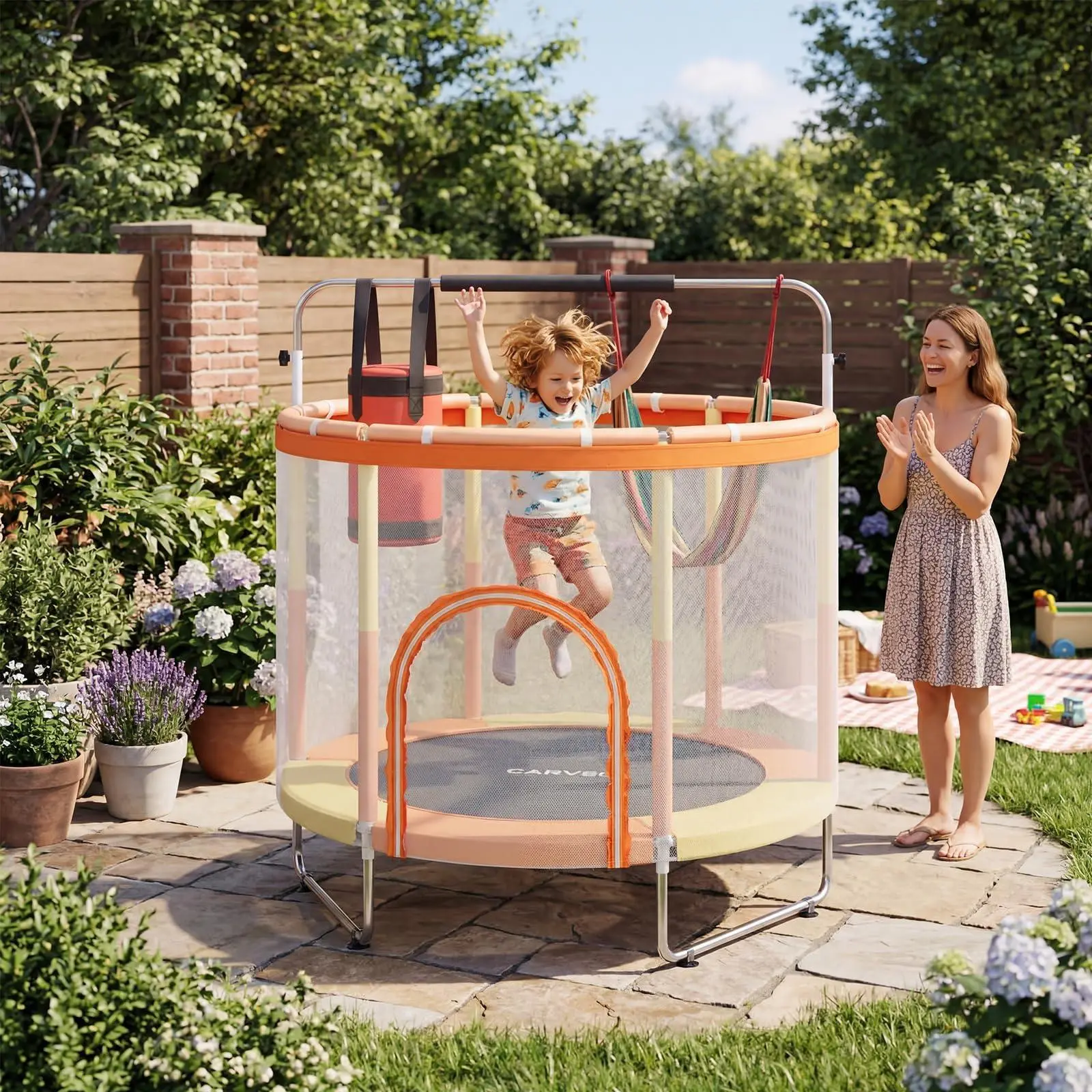 Orange+Yellow 55" Trampoline for Kids, 400Lbs Capacity ASTM-Approved Mini Toddler Trampoline with Safety Enclosure Net & Adjustable Gymnastics Bar