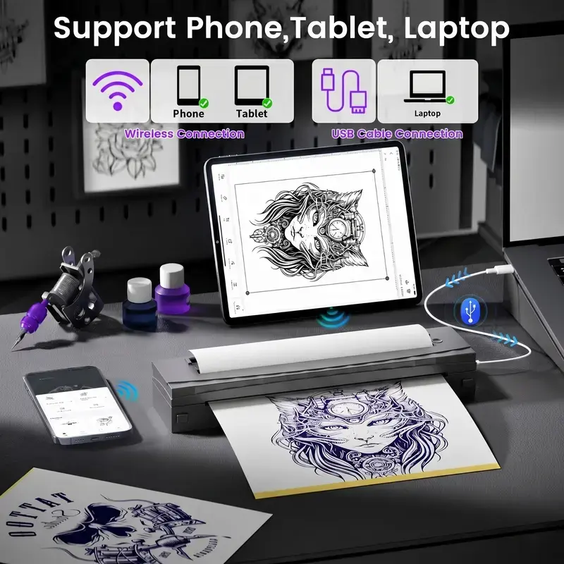 D80 Series Portable Thermal Printer - 203 DPI, Inkless, Built-in Cell Batteries, Wireless iOS/Android Compatibility, App Interface, Kit with 20 Thermal Paper Rolls, for Artists' Tattoo & Folding Paper Printing