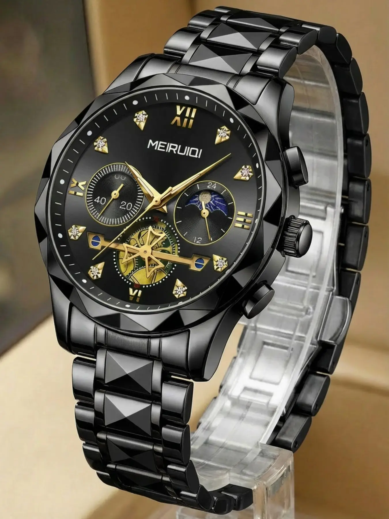 A men's black steel strap business style multifunctional moon phase leisure quartz wristwatch Business Fashion Watch Quartz Analog Watch Analog Quartz Watches