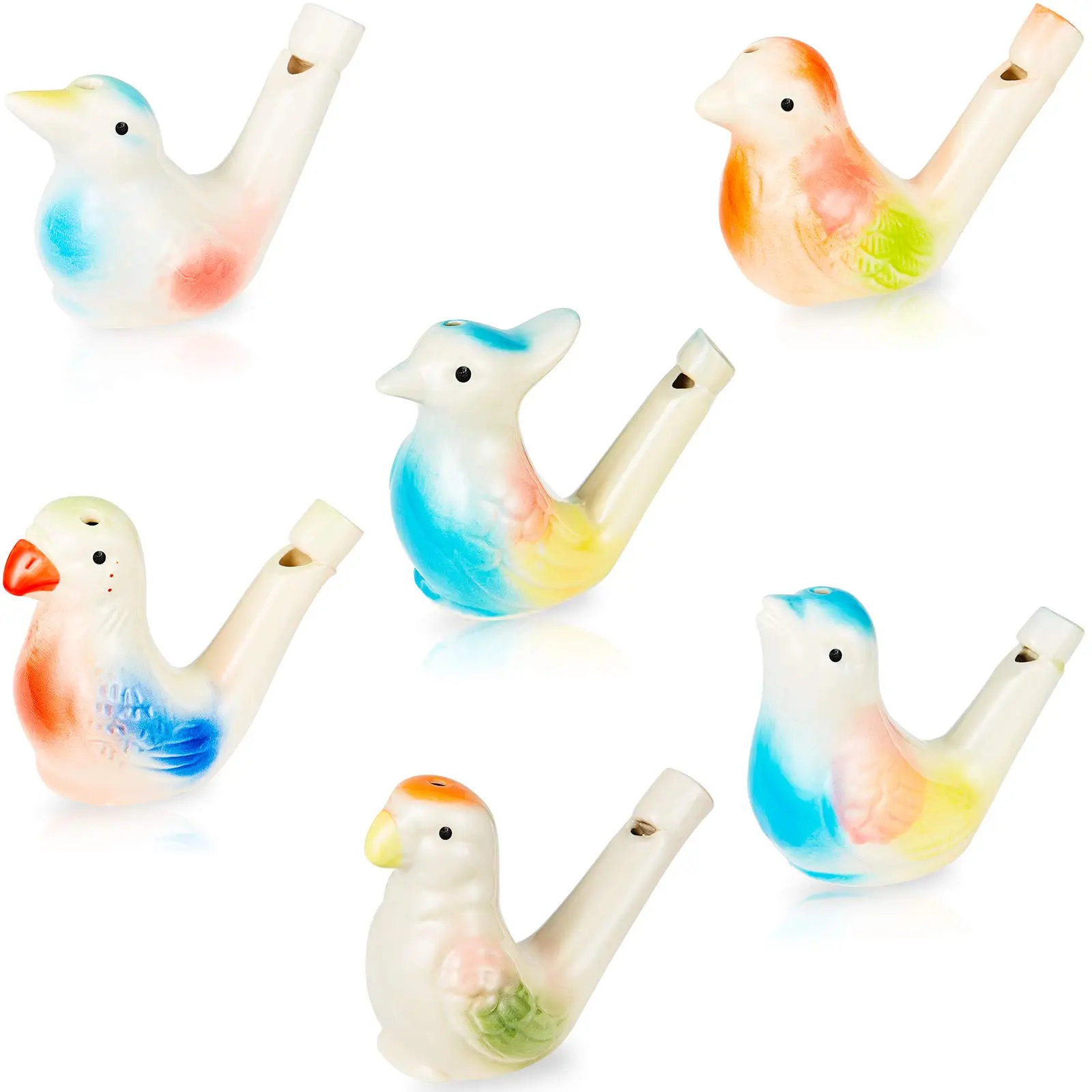 6 Pcs Handcrafted Cute Unisex Ceramic Water Bird Whistles - Colorful Porcelain Wind Musical Toys with Water Sound for Play, Easter Baskets, Stocking Stuffers