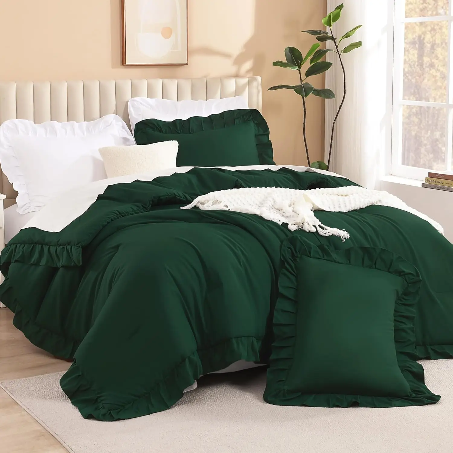 Dark Emerald Green Queen Comforter Set, 3 Boho Solid Forest Ruffle Bedding Set, All Season Lightweight Bed Set (90x90In Comforter & 2 Pillowcases)