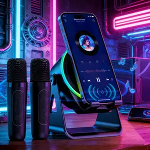 Wireless Induction Speaker with Microphone 5 in 1 Instant Touch-to-Play Music Playing No Bluetooth Needed Built-In Power Bank RGB Light Show Gifts for Men Women Teens iPhone Android Gift for Home Shower Outdoors Travel