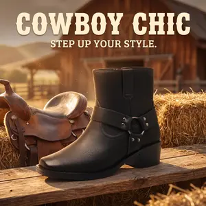 Men’s Western buckle short boots — vintage brown square-toe short denim boots, vintage distressed zip work boots