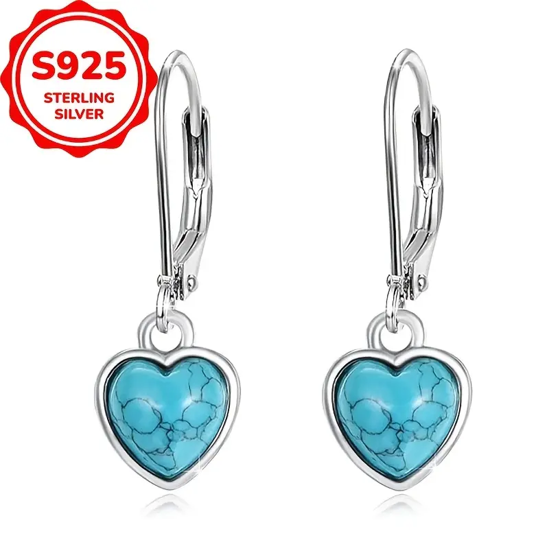 Women's Retro Heart Shaped Earrings, S925 Sterling Silver Turquoise Pendant, Lightweight & Hypoallergenic Jewelry for Daily Wear or Gifting, Retro Charm hoop mom, Custom Pendant gift