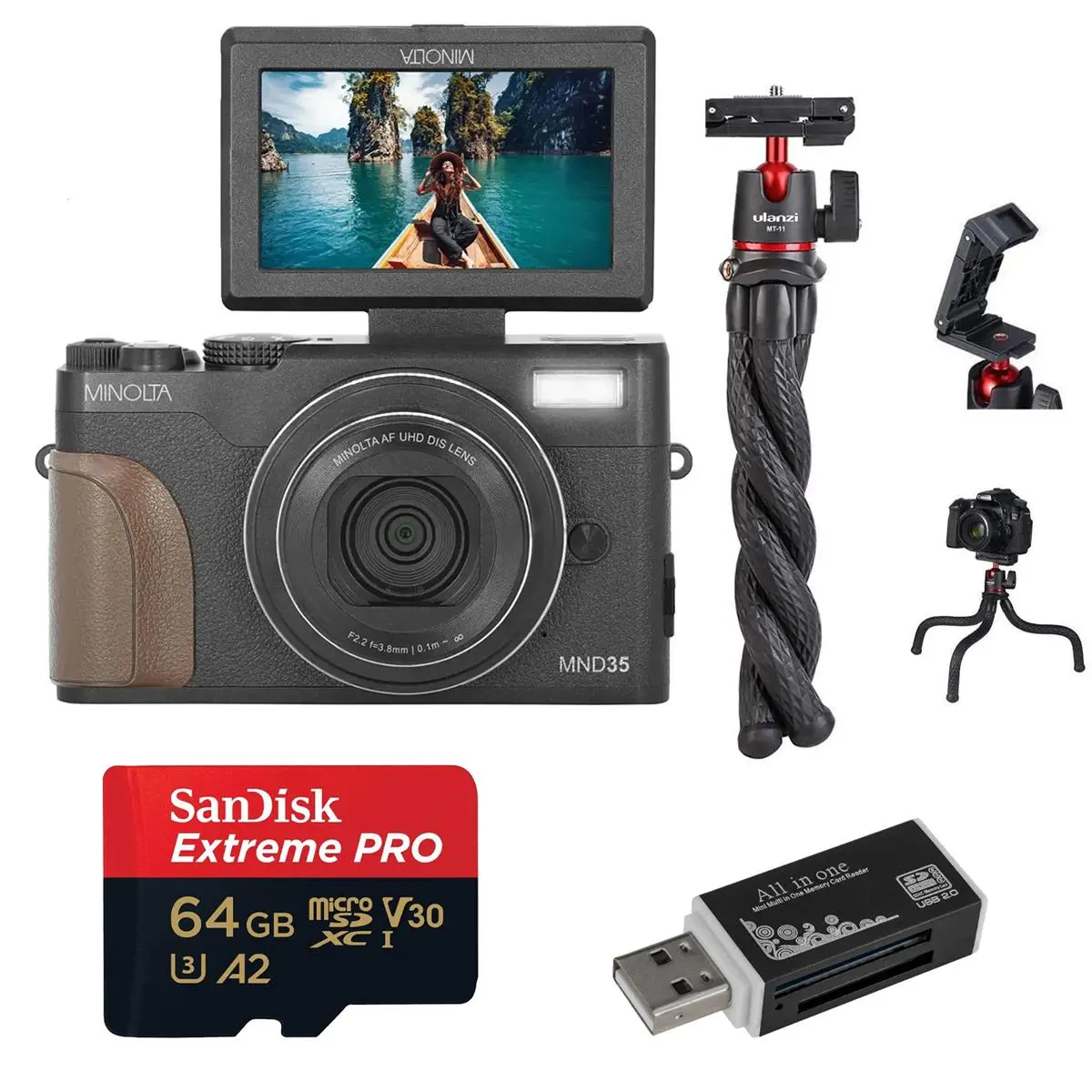 Minolta MND35 64MP 4K Ultra HD Wi-Fi Digital Camera, Black, Bundle with 64GB Memory Card, Octopus Tripod, USB 2.0 Card Reader