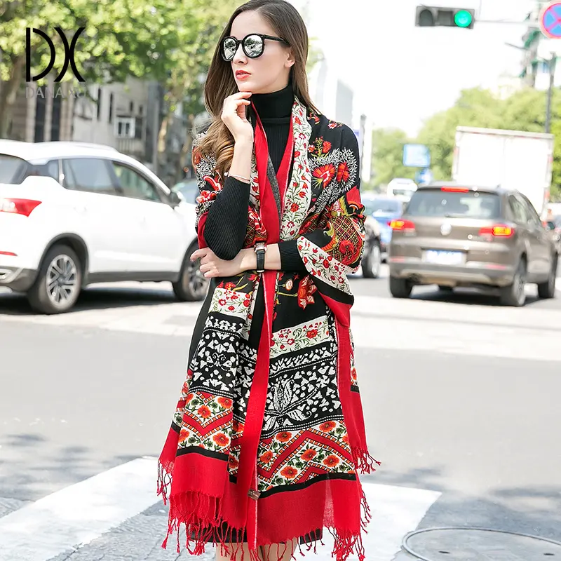 DANA XU 100% Merino Wool Extra Large Pashmina Blanket Travel Scarf Cashmere Wrap for Women Fall Winter Oversize Shawl Floral Fashion Style