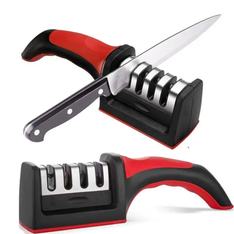 Knife Sharpeners for Home Kitchen Knives– Stainless Steel 4 in1 Kitchen Knife Sharpener – Ergonomic and Easy to Use Knife Sharpening Kit with 4 Stage Sharpening Slots Black Kitchenware