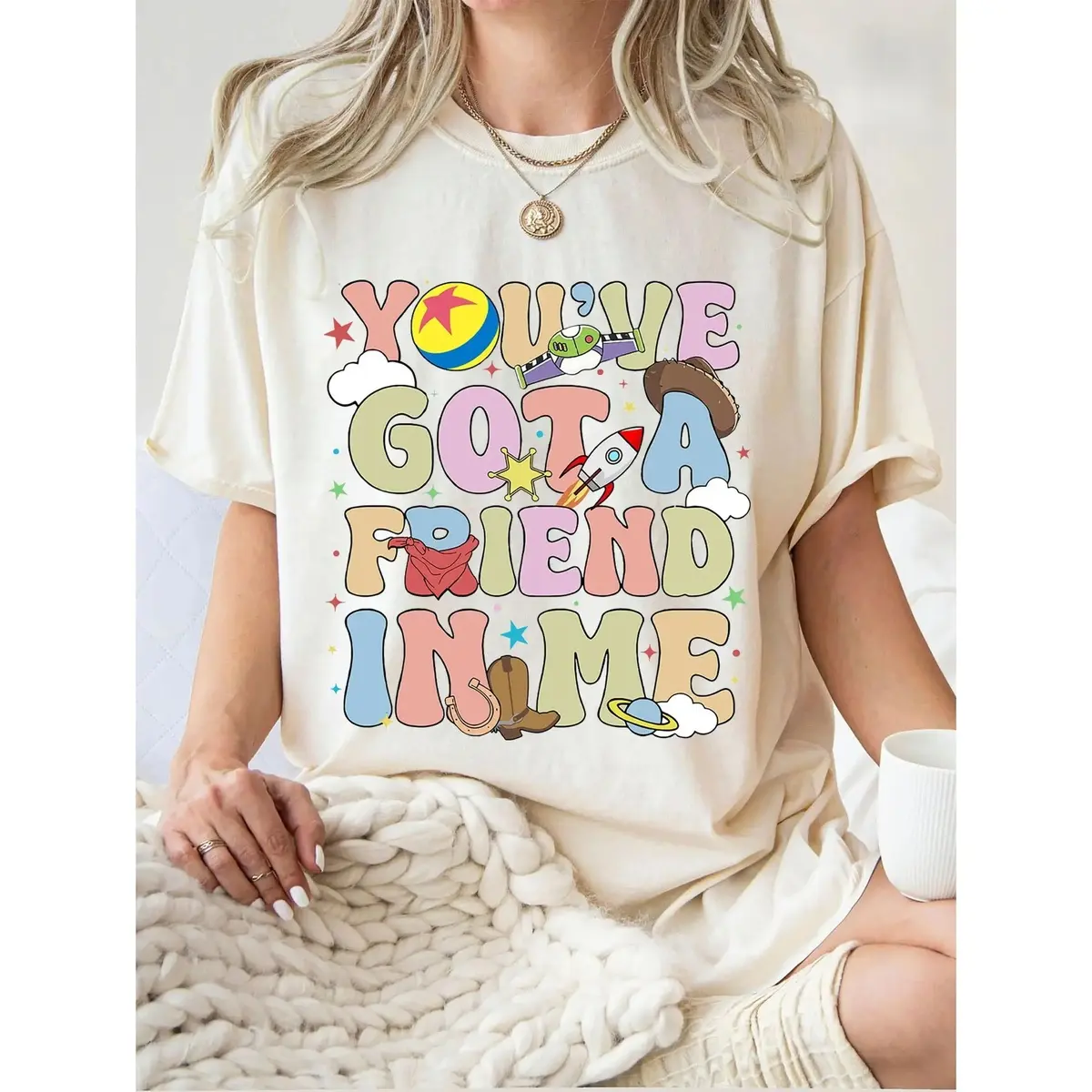 Women's Casual Cartoon Print "You've Got A Friend In Me" Organic Textile Tops - Vintage Toy Story Unisex Boxy Fit Heavyweight Tee