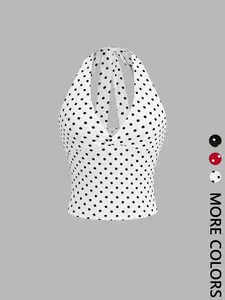 1 Piece Women Polka Dot Halter Tie, Halter Design Backless Crop Top Mesh Splice Slim Fit Sleeveless Camisole Tank Top Deep V Neck Y2K Street Club Night Out For Ladies Summer Sexy Casual Layering Outfit