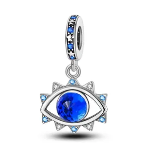 MULA 925 Silver-plated Evil Eye Charm for Pandora Bracelet – Radiant Sunburst Protection Amulet Dangle Bead with Faceted Blue Glass & Celestial Star Bail, Spiritual Necklace Pendant Gifts for Women