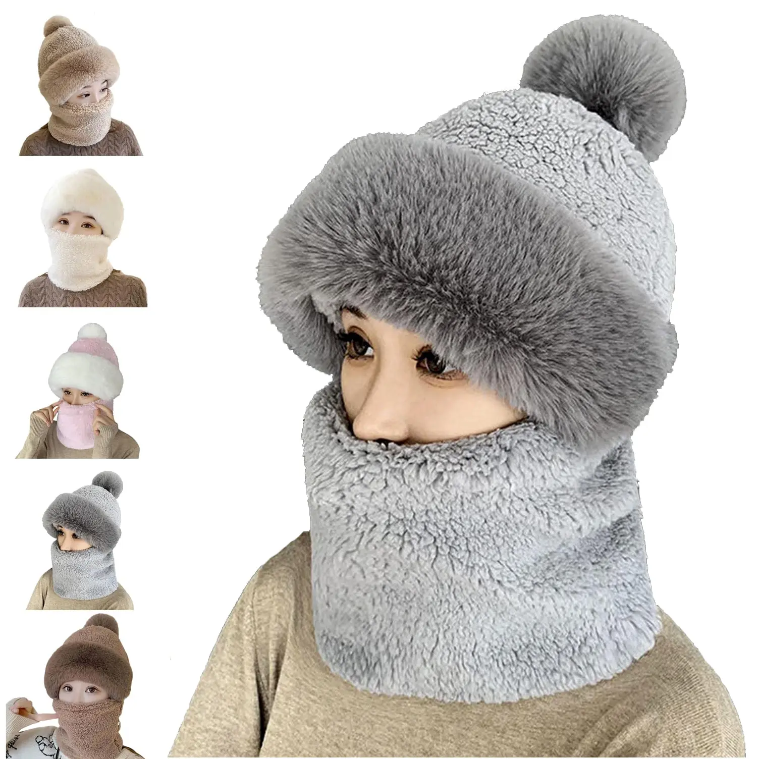 Women's Winter Balaclava Hat, Cozy Plush Hooded Scarf with Ear Protection, 3-in-1 Warm Windproof Face Cover for Cycling