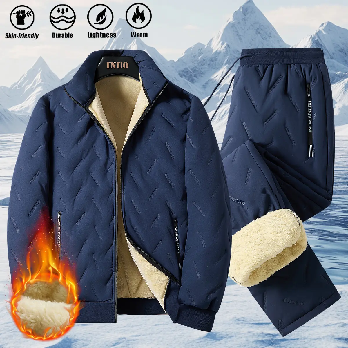 Unisex Winter Sports Set - Regular Leg Cut Pants, Zip-Up Hooded Fleece Jacket, Elastic Waistband, Solid Color, Suitable for Home and Outdoor Use, Fitted, Long, Two-Piece,travel essentials,camping essentials