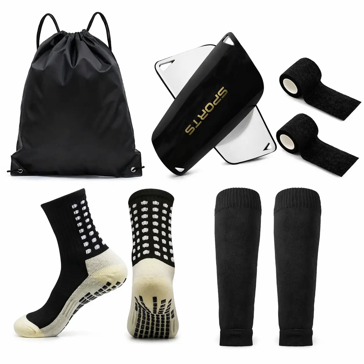 Professional Football Equipment and Soccer Gear for Adults, 5-in-1 Training Set with Shin Guards, Compression Sleeves, Grip Socks, & Carry Bag, Footballequipment, Portable Football Equipment, 5-In-1 Set, Anti-Slip Grip Socks, Comprehensive Set