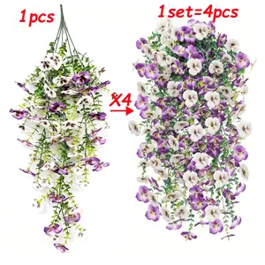 Artificial Hanging Flowers for Outdoors, 4 Pcs UV Resistant Artificial Outdoor Flowers, Not-Fading Fake Hanging Plant for Outdoor Planters, Realistic Faux Flowers for Home Garden Porch Yard Decor, Purple White, Set
