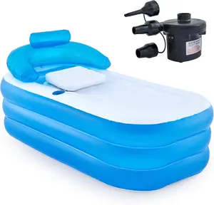 Inflatable Bathtub with Electric Air Pump & Bath Pillow Headrest Portable Blow Up Tub for Adults Durable PVC Material Indoor Outdoor Use Foldable Spa Cover Drainage Hose Cup Holder