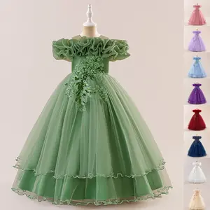 Kids Clothes Pink Petal Sequin 3D Floral Princess 0031 Long Ball Gown Children Party Host Cocktail Dress Flower Girls 7-12Y