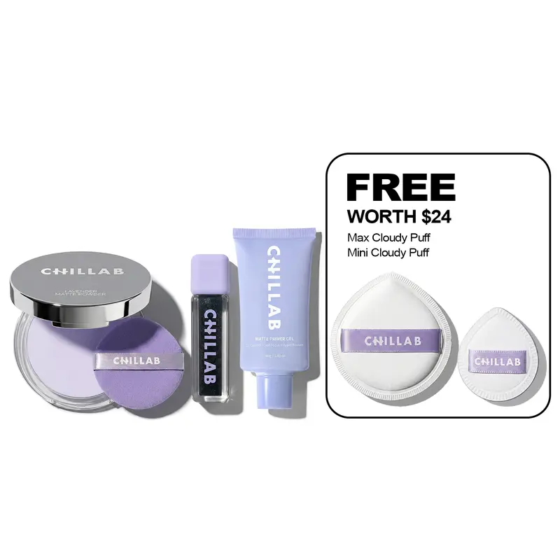 Chillab 5-piece Face and Lip Beauty Set Lavender Matte Powder with Magic Black and Matte Primer Gel and Max Cloudy Puff and Mini