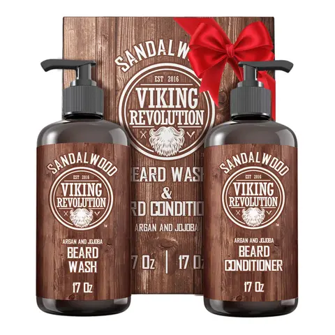 Viking Revolution Beard Wash & Beard Conditioner Set (17oz) For Men - Softens & Strengthens - Perfect Gift on Father's Day for Your Dad or Your Husband - Natural Sandalwood Scent - Hair Care Kit