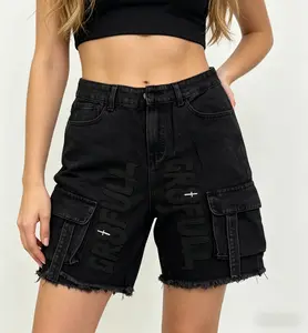 Black Denim Cargo Shorts for Women - High Waisted Baggy Jorts with Puff Print Letter, Raw Frayed Hem  Multi Pockets Y2K Grunge Streetwear Non-See-Through Stretchy Denim Perfect for Summer Festivals  Casual Outfits