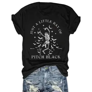 Gothic-Inspired Skeleton & Bat Print T-Shirt - "Just a Little Ray of Pitch Black" Design, Casual Crew Neck, Short Sleeve, Lightweight for Spring & Summer, Casual Wear | Gothic Style | Lightweight Tshirt