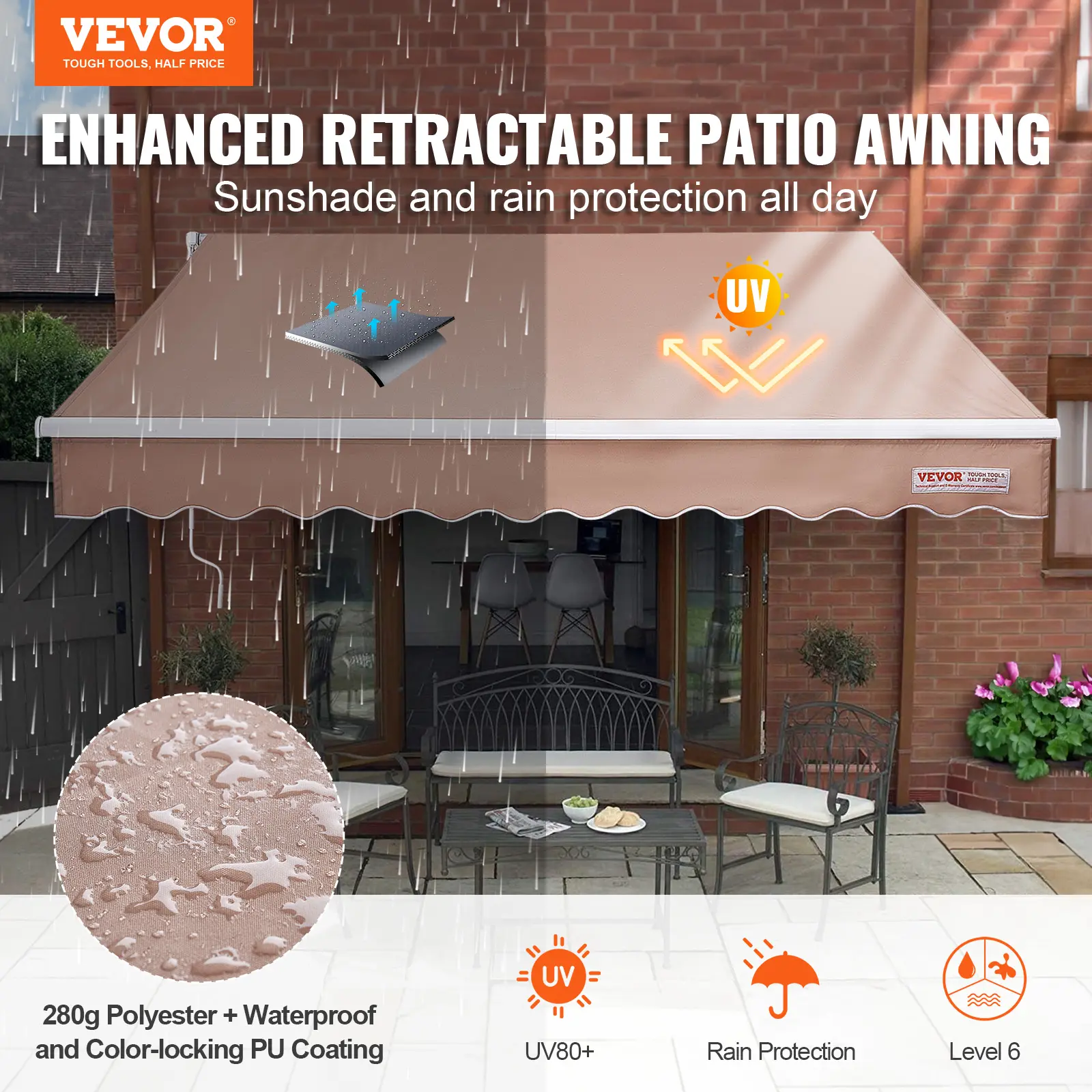 【summerfinds】VEVOR Manual Retractable Awning, 10 x 8 ft Outdoor Patio Awning Retractable Sun Shade, Water-Resistant Polyester Patio Door Window Awning Sunshade Shelter with Crank Handle for Backyard, Balcony