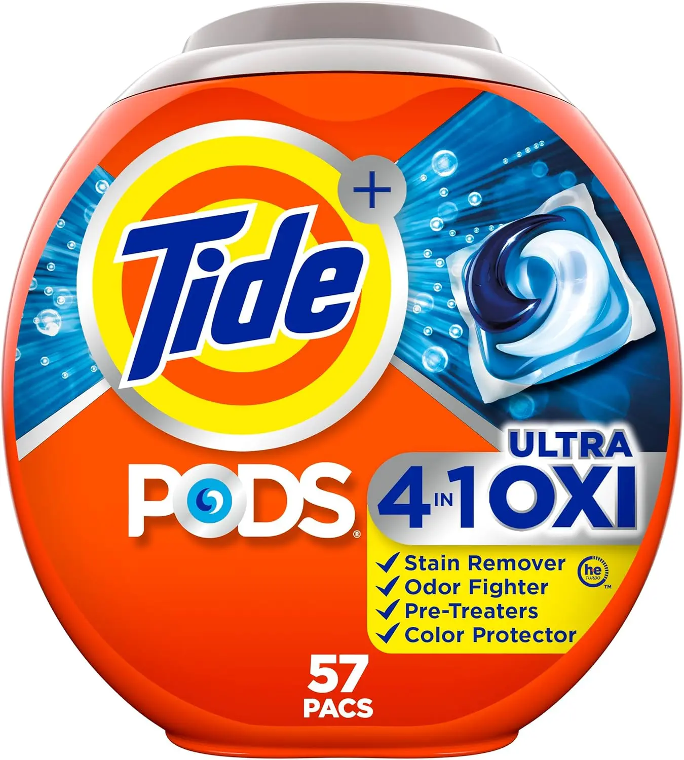 Tide 4-n-1 Ultra Oxi PODS Laundry Detergent Pacs, 57 Count, HE-Compatible, Built-In Stain Pre-Treater