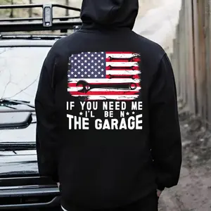 Men's Cotton Basic Traditional Casual Hoodie Top - "If You Need Me I’ll Be In The Garage" Graphic, USA Flag Mechanic Gift, Blue Collar Work Sweatshirt, Tee-Inspired Design, Unisex Fit, Quality Fabric