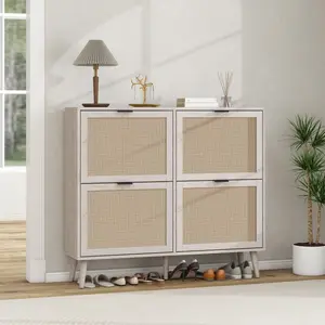 Rattan Shoe Storage Cabinet with 4 Flip Drawers, Modern Narrow Wooden Shoe Rack Cabinet for Entryway, Freestanding Slim Shoe Organizer with Caning Doors for Hallway