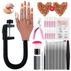 Practice Hand for Acrylic Nails, Flexible Moveable Fake Hands, Manicure Trainng Hand Nail Kit for Beginners, Movable Nail Maniquin Hand with 200PCS Nail Tips, Nail Glues, Brush and Clipper