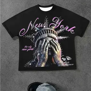 NEW YORK Rhinestone Graphic Tee Statue of Liberty Oversized T-Shirt Streetwear Unisex