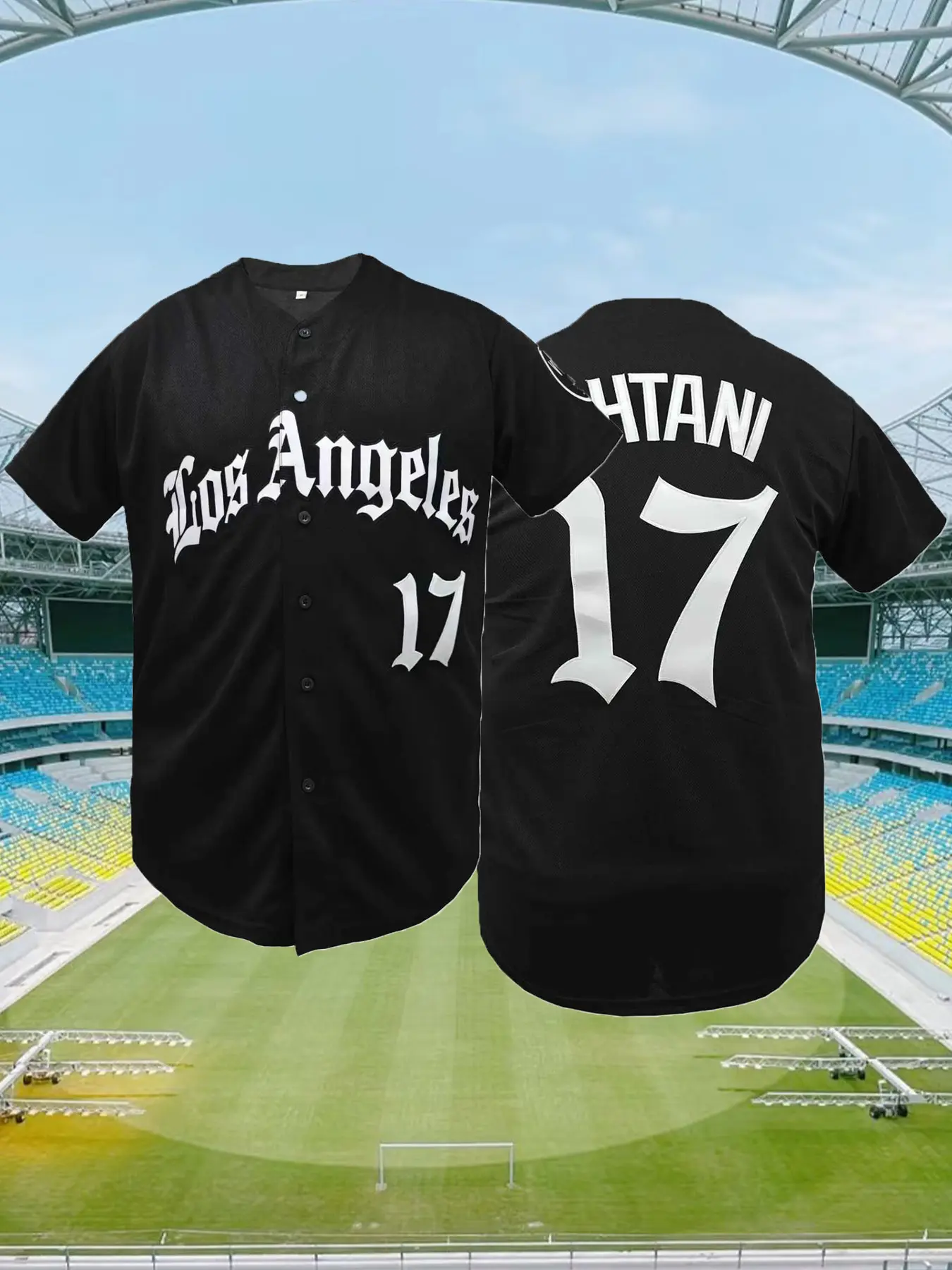 Men's # 17 Black Baseball Jersey,Los Angeles Letter Embroidered Loose Fit V-Neck Short Sleeved Button Cardigan Blokecore Sports Top, Embroidery Sportswear, Casual Sports Jersey, Sportswear Clothing