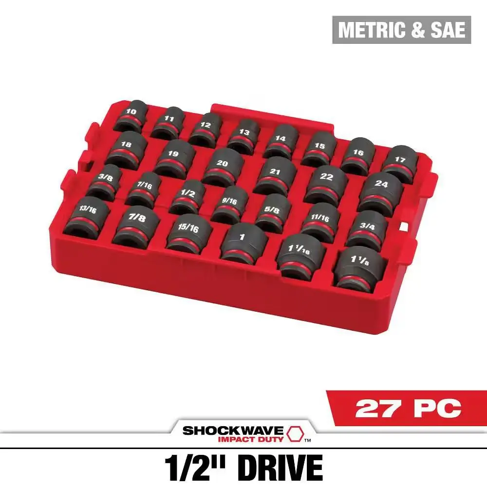 Milwaukee SHOCKWAVE Impact-Duty 1/2 In. Drive Metric & SAE Standard Socket Set 27-Piece for High Torque Applications