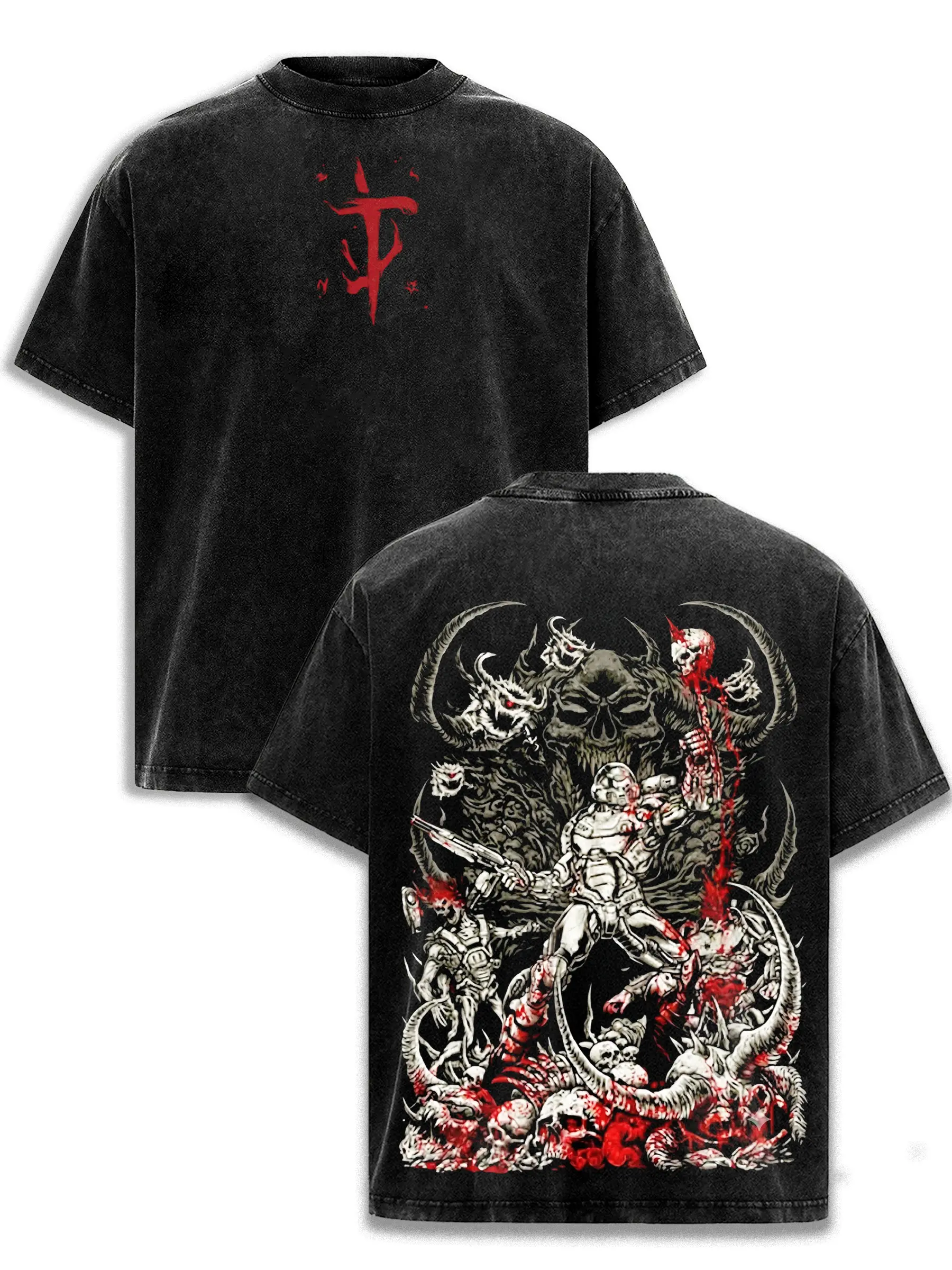 DOOM Shirt The Doom Slayer Mark Demon Skull Vintage Washed Oversized FPS Gaming Graphic Tee Faded Heavy Metal Brutal Streetwear Y2K Merch Gift For Game Fan Clothes